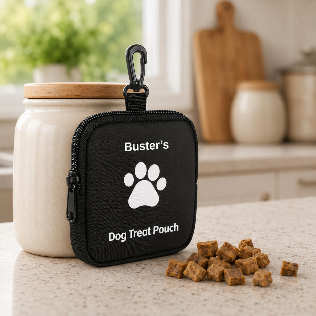 Personalised black dog treat pouch with dog’s name and white paw print